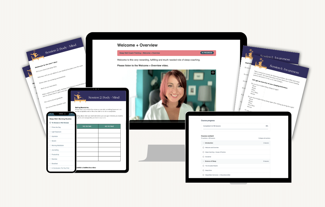 Sleep Well Coach Training self-study course materials, including online video lessons, worksheets and digital resources for accredited learning.